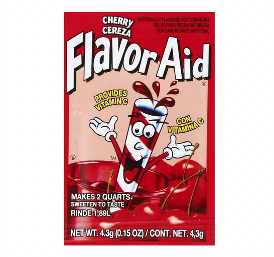 Tegneserie smakshjelpspakke med et muntert ansikt. Tekst fremhever vitamin C og instruksjoner for å lage 2 liter. Kirsebærsmak vist