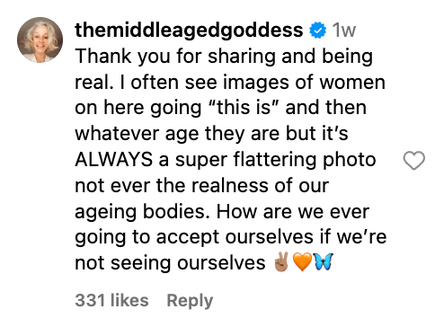 Instagram-kommentar som uttrykker takknemlighet for autentisitet i bilder, kritiserer urealistiske skildringer av kvinner og fremmer selvaksept