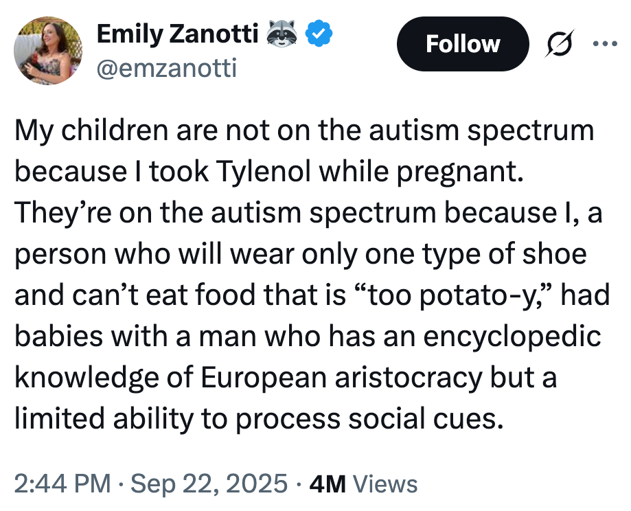 Tweet fra Emily Zanotti som spøker om barna sine på quirks og en ektefelle ' s egenskaper, og kontrasterer dem med ideen om at Tylenol forårsaker autisme