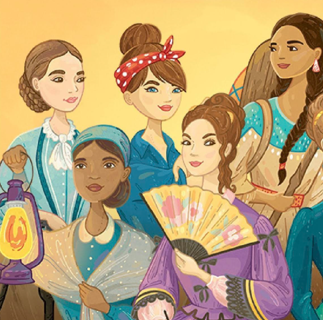 Illustrasjon av forskjellige kvinner i historisk antrekk, hver med distinkte kulturelle klær og tilbehør som en vifte, lykt og skjerf