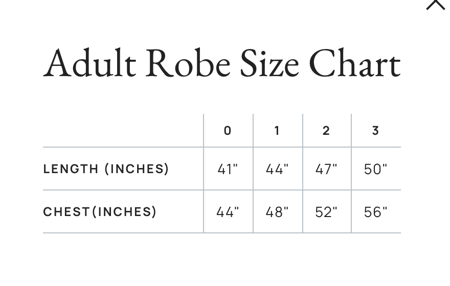 Voksenkappe størrelsestabell: Størrelser 0-3. Lengder: 41