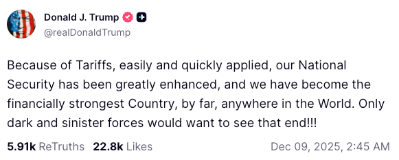 Innlegg i sosiale medier av Donald J. Trump om tariffer som styrker nasjonal sikkerhet og finansiell styrke, datert 9. desember 2025
