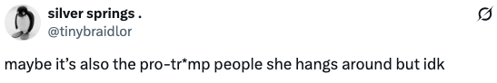 Tweet av brukeren "silver springs" sier, "kanskje det også er pro-Tr*mp-folket hun henger rundt, men idk."