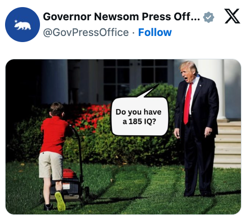 Et barn med en gressklipper spør en mann i dress: 