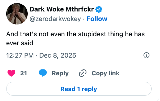 Tweet av bruker @zerodarkwokey: "Og det er ikke engang det dummeste han noen gang har sagt."
