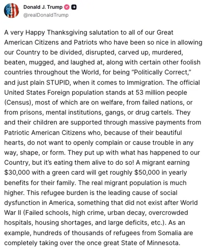 Sammendrag av et innlegg på sosiale medier som uttrykker klager om amerikansk politikk, samfunnsspørsmål og immigrasjon, spesielt i Minnesota, på Thanksgiving