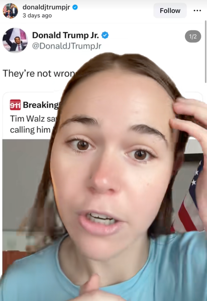 Person snakker i en video med en tweet fra Donald Trump Jr. synlig i bakgrunnen