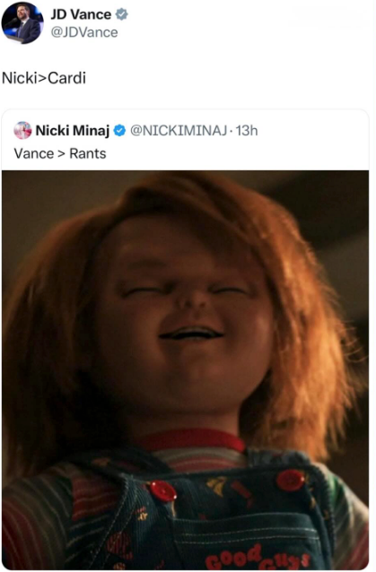 Tweet-skjermbilde som viser en Chucky-dukke iført en stripet skjorte. Tekstoverlegg: "Nicki > Cardi" og "Vance > Ranter"