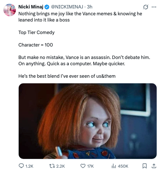 Tweet av @NICKIMINAJ som berømmer Vance-memene, og kaller Vance en 