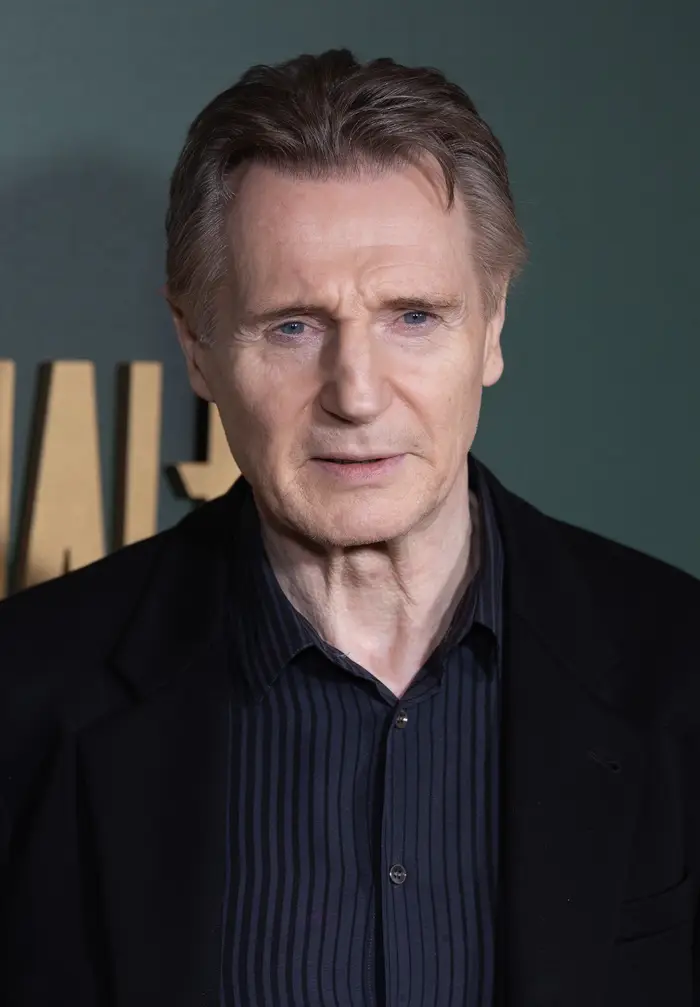 Liam Neeson poserer på et formelt arrangement iført en nålestripet skjorte og blazer mot bakgrunnen