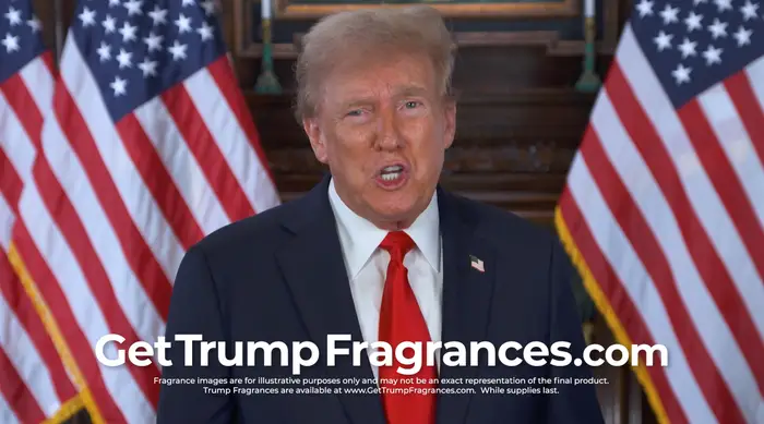 En person som har på seg en dress snakker foran to amerikanske flagg. Teksten nedenfor promoterer et nettsted kalt GetTrumpFragrances.com for kjøp av dufter