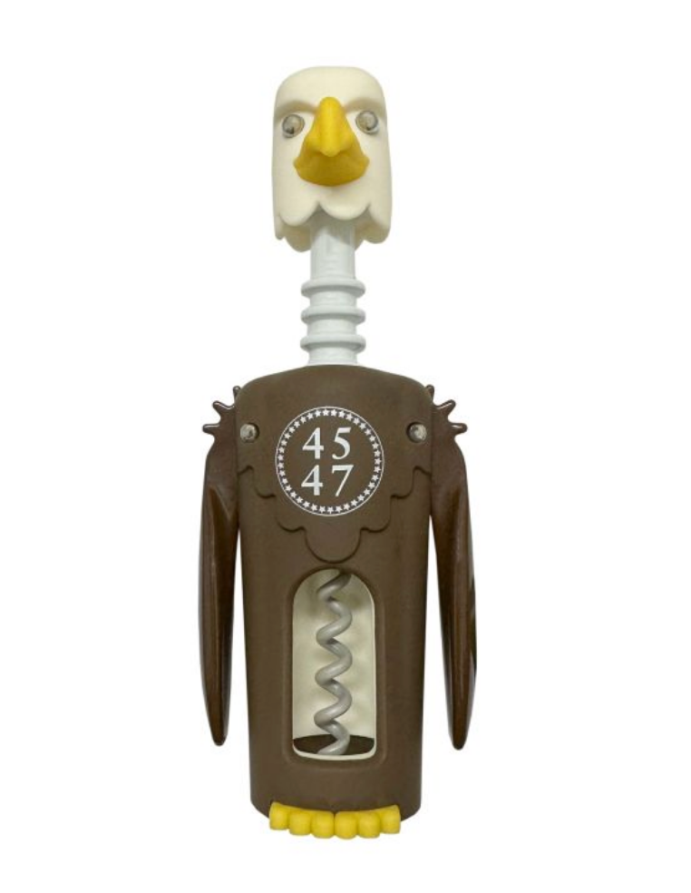 Korketrekker formet som en fugl med lang hals, gult nebb og vingelignende håndtak. Vintage design med en mekanisk disk