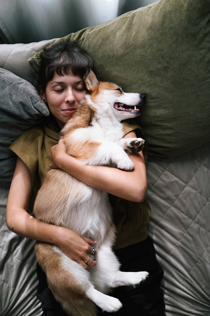 Person som fredelig klemmer en glad Corgi mens han ligger på en seng