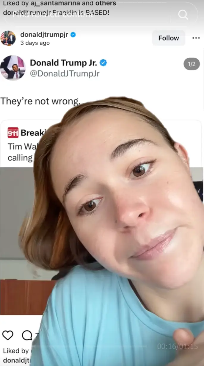 Bildet viser en kvinne som reagerer på et innlegg i sosiale medier av Donald Trump Jr. Innlegget inneholder uttrykket 