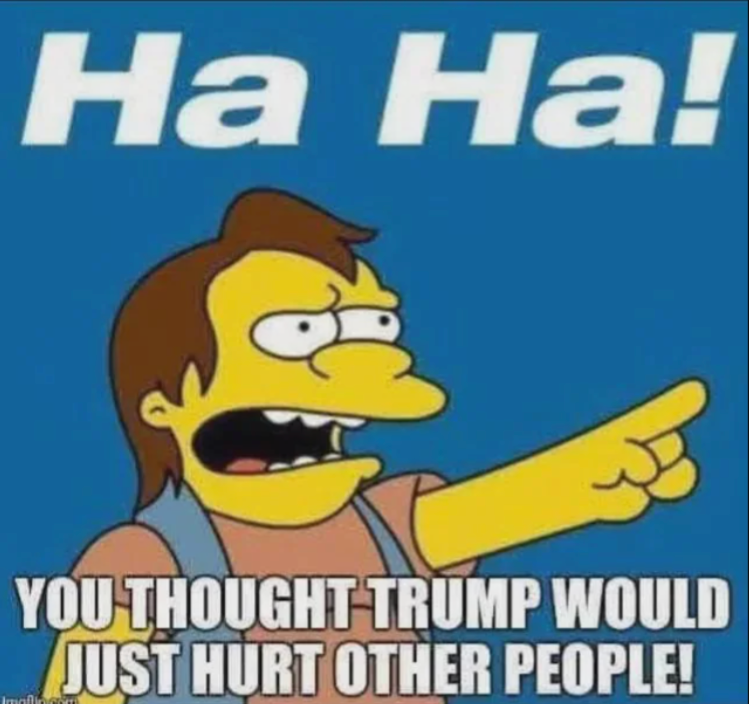 Tegneseriefigur som ler og peker, med tekst som sier 