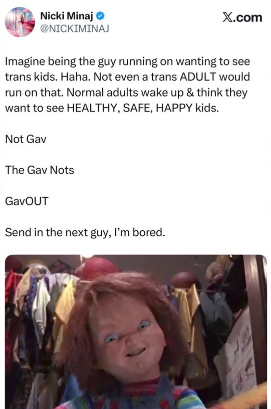 En tweet fra Nicki Minaj refererer humoristisk til en filmkarakter, og understreker viktigheten av at barn er sunne, trygge og glade