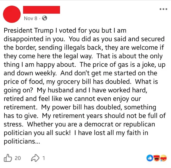 Facebook-innlegg som uttrykker skuffelse over Trump, nevner grensepolitikk, økende gasspriser, høye matkostnader og pensjonsproblemer