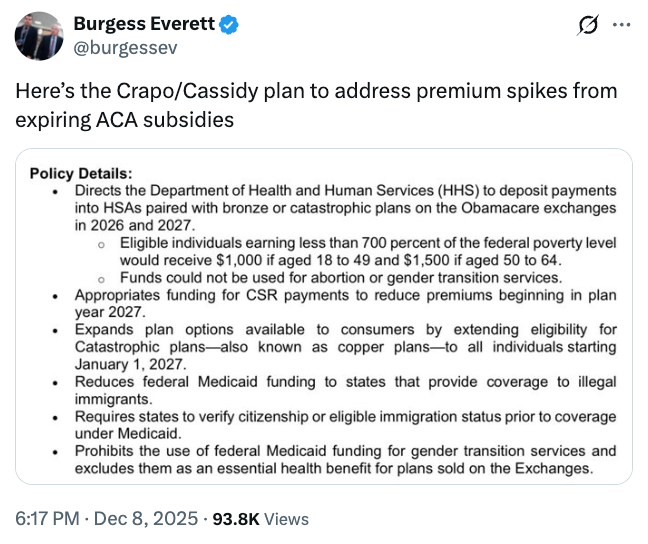 Tweet av Burgess Everett som skisserer policydetaljer om ACA-subsidier, inkludert premietak, Medicaid-finansieringsutvidelser og kvalifiseringsendringer
