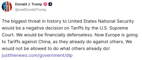 Tweet av Donald J. Trump som diskuterer nasjonale sikkerhetstrusler knyttet til USAs høyesteretts tollavgjørelser, med en lenke til justthenews.com