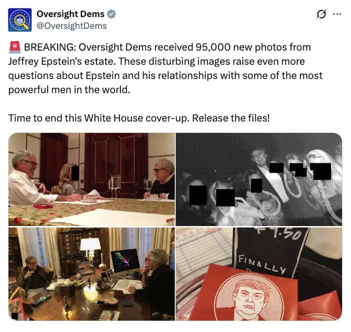 Tweet fra Oversight Dems om å motta 95 000 bilder fra Epsteins eiendom, noe som reiser spørsmål om forholdet hans. Ringer for å frigi filene