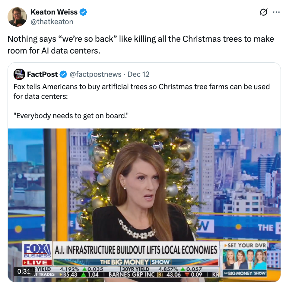 Skjermbilde av en tweet som håner et Fox News-segment som diskuterer oppmuntringen til å plante kunstige trær for AI-datasenterinfrastruktur