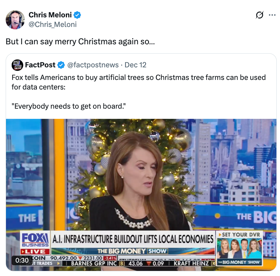 Skjermbilde av en tweet fra Chris Meloni som diskuterer Foxs forslag om å kjøpe kunstige juletrær for lokale økonomiske fordeler