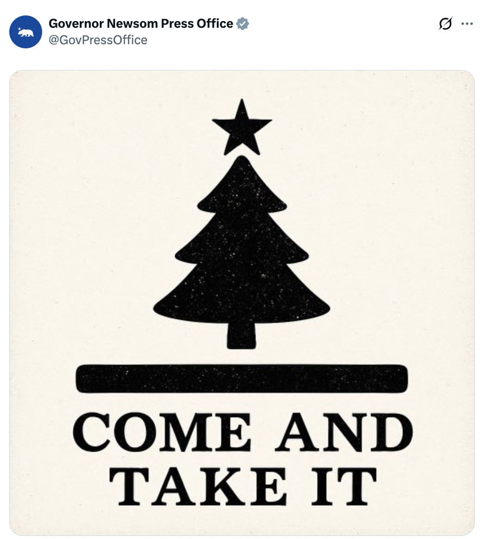 Silhuett av et tre med en stjerne, som ligner et flagg, over ordene «KOM OG TA DET»," delt av en guvernørs pressekontorkonto