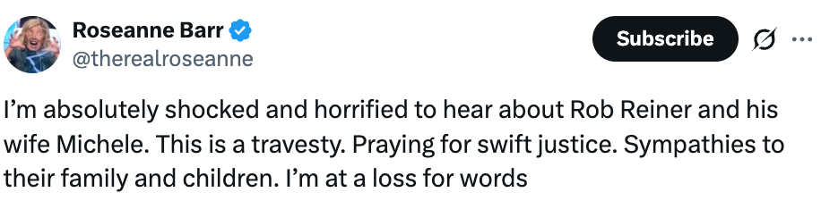 Roseanne Barr uttrykker sjokk og redsel over nyheter om Rob Reiner og hans kone, og tilbyr sympati og bønner for rettferdighet