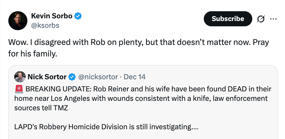 Twitter-innlegg av Kevin Sorbo, retweeting av nyheter om Rob Reiner og kone funnet døde, med en kommentar som uttrykker uenighet, men ber om bønner