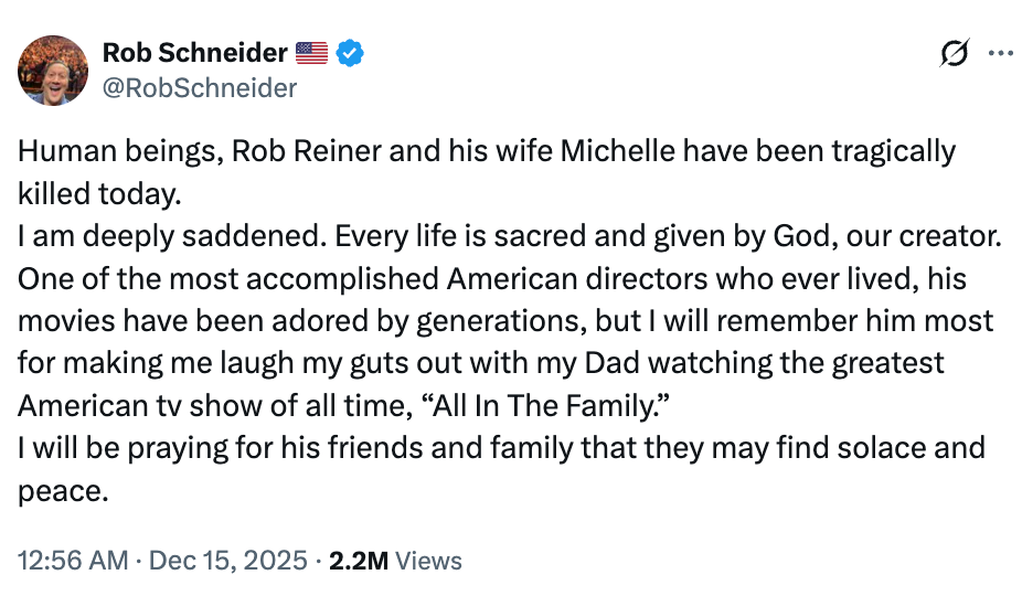 Tweet fra Rob Schneider som uttrykker kondolanser for Rob Reiner og hans kone Michelle, nevner deres innvirkning på amerikansk TV og ønsker fred for familien deres