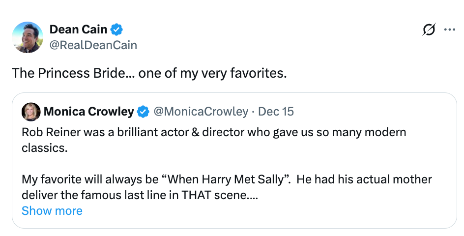 Skjermbilde av tweets: Dean Cain roser "The Princess Bride." Monica Crowley beundrer Rob Reiners filmer, og favoriserer 