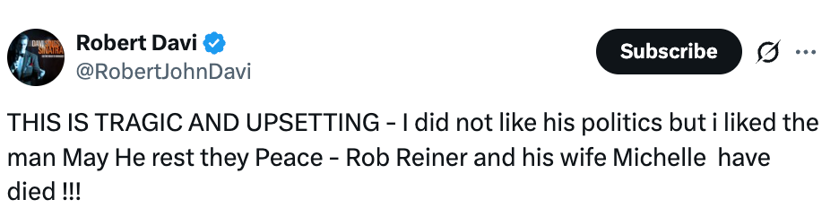 Robert Davis tweet uttrykker tristhet over bortgangen til Rob Reiner og hans kone, Michelle, til tross for politiske forskjeller