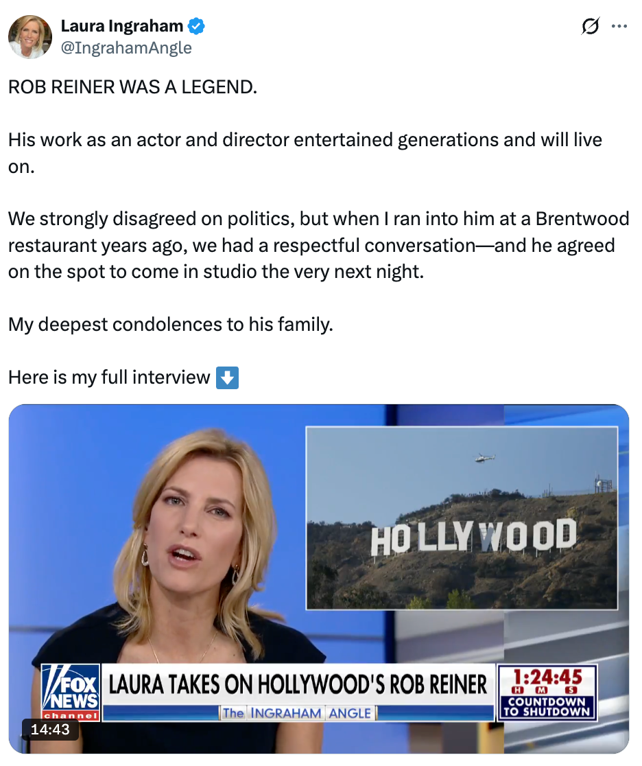 Laura Ingraham på TV diskuterer Rob Reiner; Hollywood-skilt vist. Overleggstekst: "Laura tar på Hollywoods Rob Reiner"