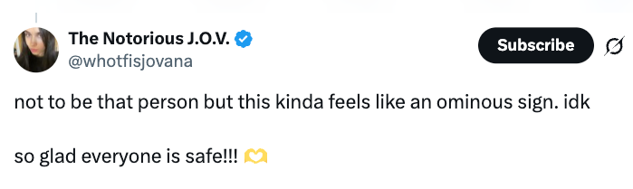 Tweet av brukeren som uttrykker lettelse over alles sikkerhet til tross for at han føler seg urolig