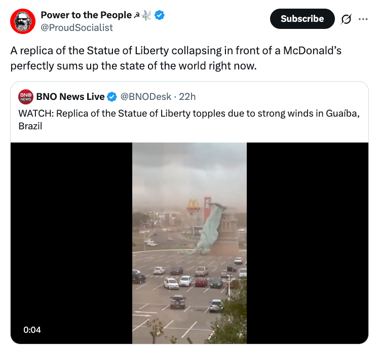En tweet med en video av en kopi av en Frihetsgudinne som kollapser foran en McDonald's, og fremhever sterk vind i Guariba, Brasil