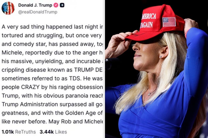 Delt bilde: Venstre viser et innlegg i sosiale medier av Donald J. Trump som uttrykker kondolanser. Høyre viser en person i en 