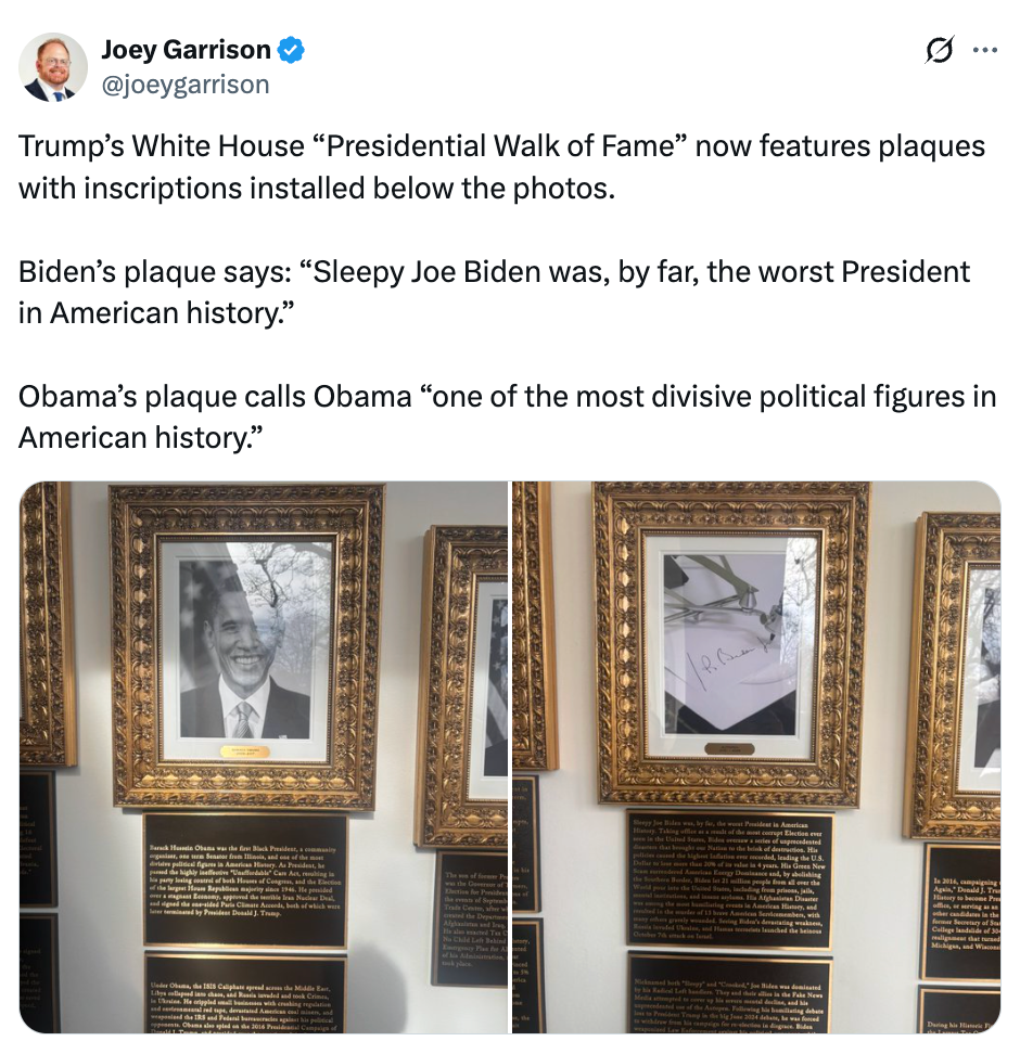 Tweet som viser innrammede plakettbilder med inskripsjoner: Biden som verste president og Obama som splittende politisk skikkelse i amerikansk historie