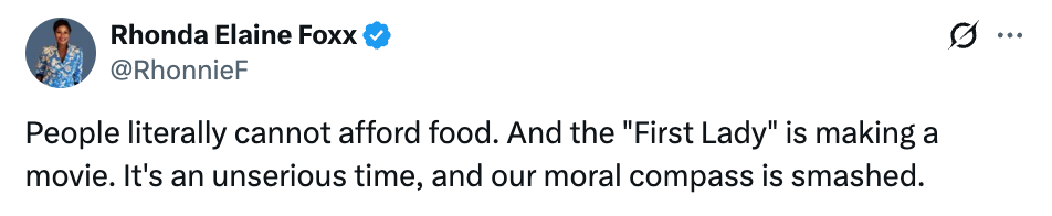 Tweet som kritiserer en "First Lady" for å lage en film mens folk sliter med rimelige matvarer, noe som antyder en moralsk frakobling