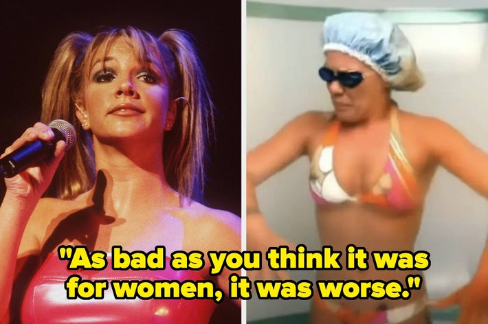 Til venstre: Kvinne opptrer på konsert med mikrofon. Til høyre: Person i dusjhette og bikini danser humoristisk. Tekst: 