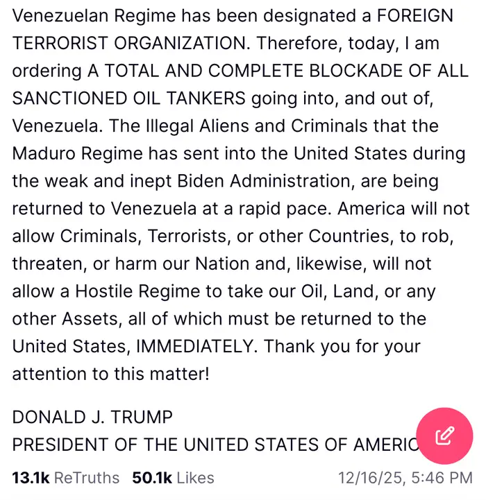 Sammendrag av en uttalelse som erklærer det venezuelanske regimet som en utenlandsk terrororganisasjon og kunngjør en blokade av venezuelanske oljetankere