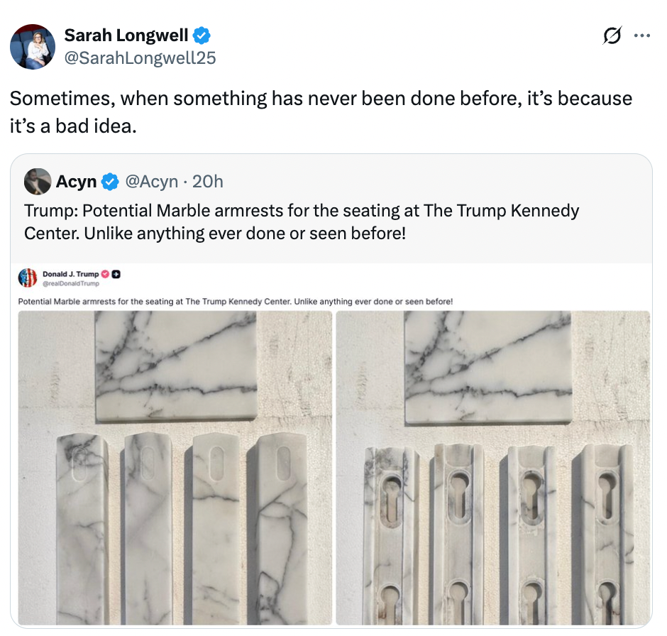 Tweet som fremhever et innlegg om potensielle marmorarmlener for sitteplasser, og foreslår at nye konsepter noen ganger kan være dårlige ideer