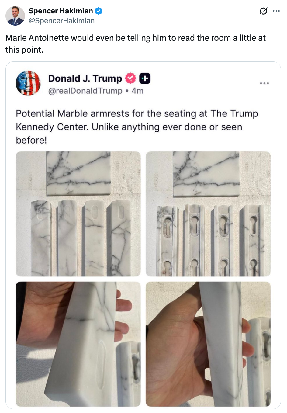 Tweet av Spencer Hakimian håner en tweet om marmorarmlener fra Donald J. Trump, og sammenligner den med Marie Antoinettes glemsel.