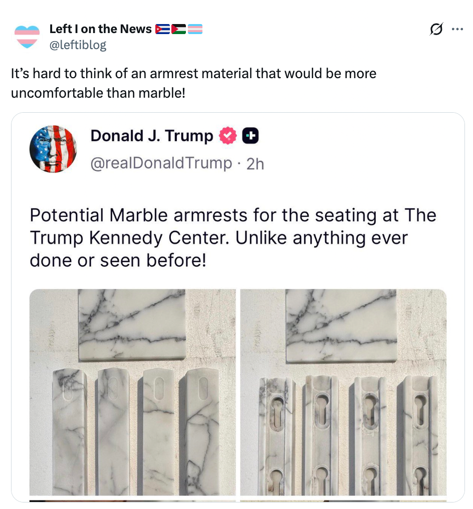 Tweet hånende marmorarmlener som hevder at de er ukomfortable, med bilder av marmordesign