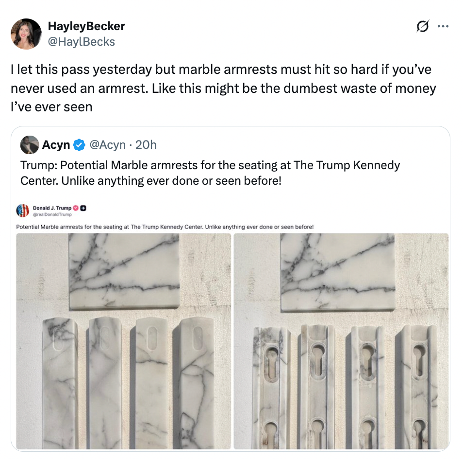 Tweet-skjermbilde som viser en bruker som spotter potensielle marmorarmlener for sitteplasser, og kaller det bortkastet penger