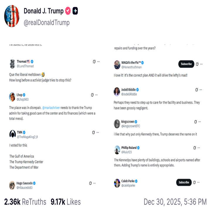 Sosiale medier-innlegg av Donald J. Trump som viser frem flere retweets om politiske emner, følgeres kommentarer og engasjementsmålinger