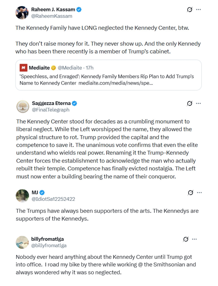 Sosiale medier-innlegg kritiserer Trumps neglisjering av Kennedy Center, kontrasterer det med støtte fra Kennedys og fremhever politiske implikasjoner