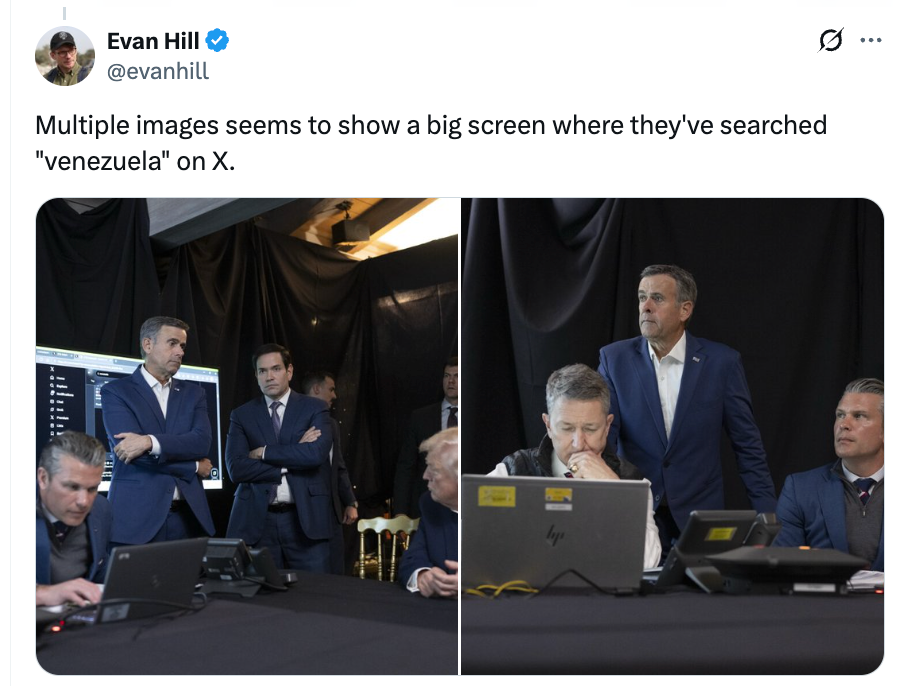 Gruppe mennesker i et rom med store skjermer som viser søkeresultater for "Venezuela" på X