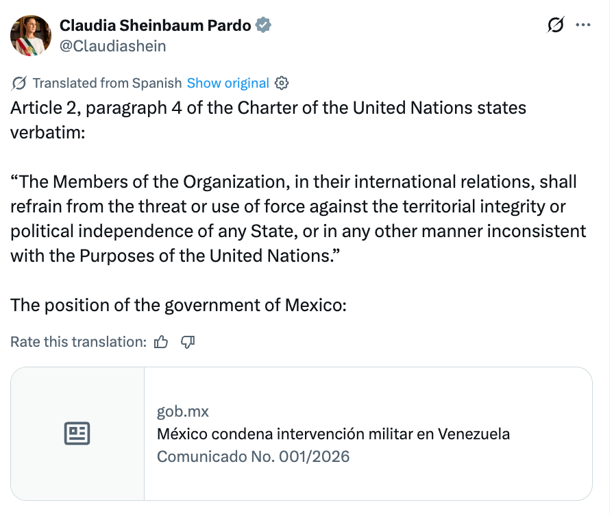 Tweet som siterer artikkel 2, paragraf 4 i FN-pakten om internasjonale relasjoner. Nevner Mexicos holdning til militær intervensjon i Venezuela