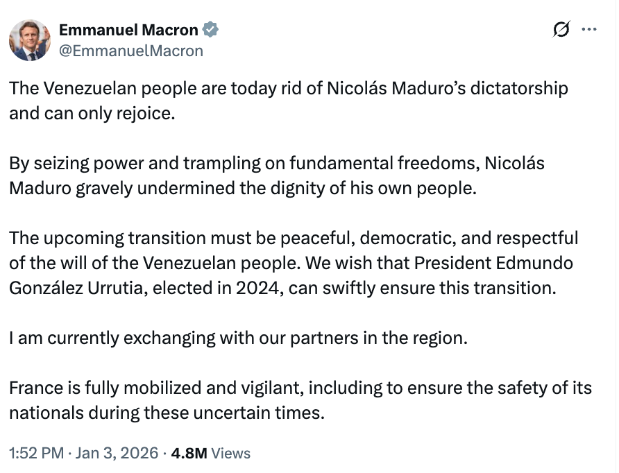 Tweet av Emmanuel Macron som uttrykker støtte til det venezuelanske folkets frigjøring og en demokratisk overgang etter Maduro, og støtter Edmundo González Urrutia for 2024