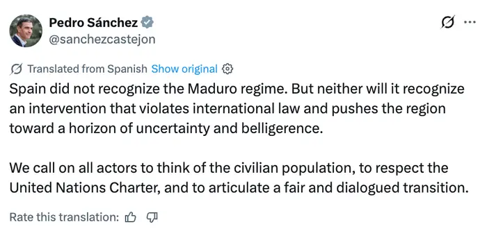 Pedro Sánchez tweet: Spania vil ikke anerkjenne Maduros regime, og heller ikke noen intervensjon som bryter folkeretten, og oppfordrer til respekt for sivile og FN-pakten